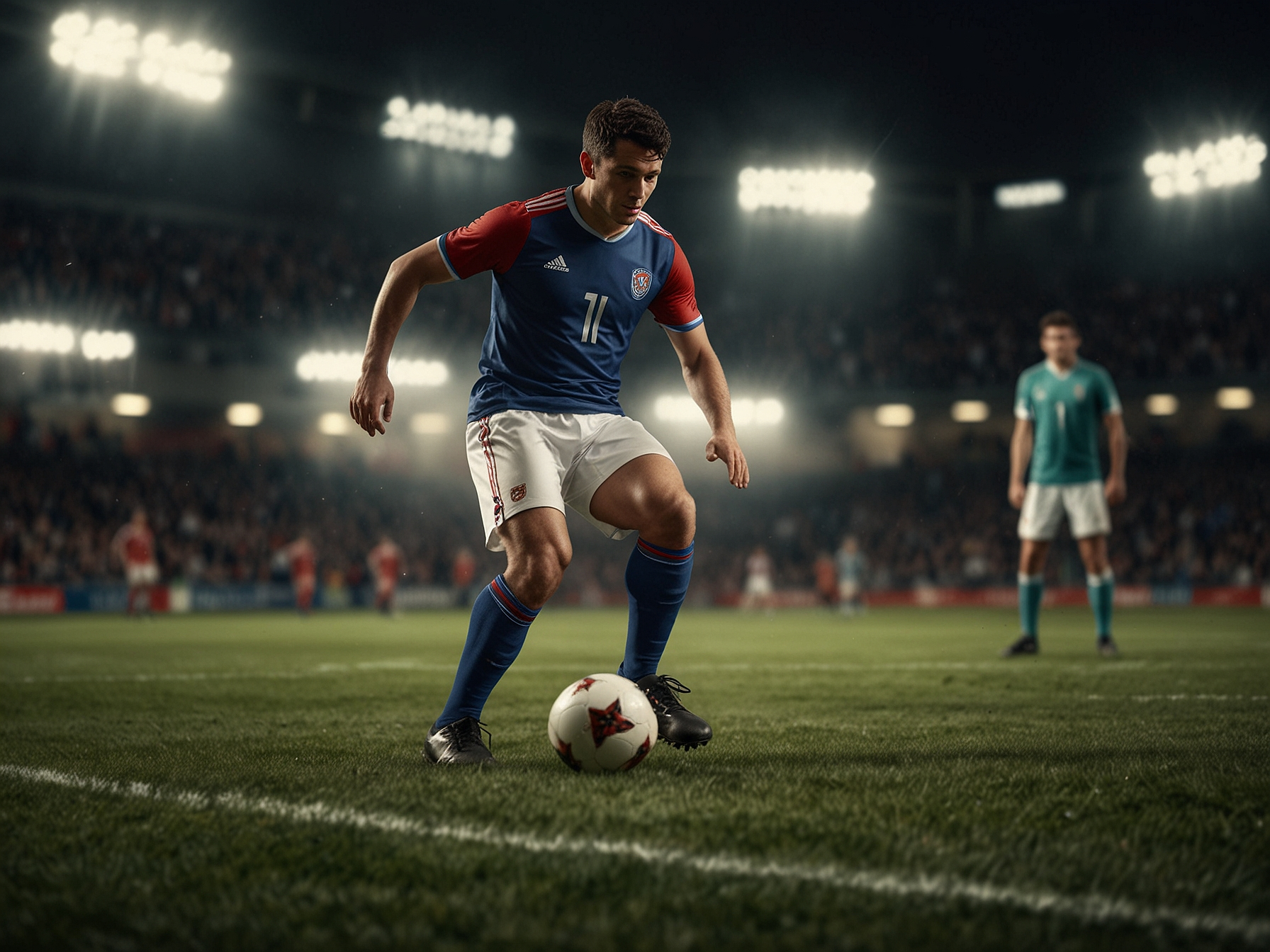 Sportler mit Ball vor Stadion